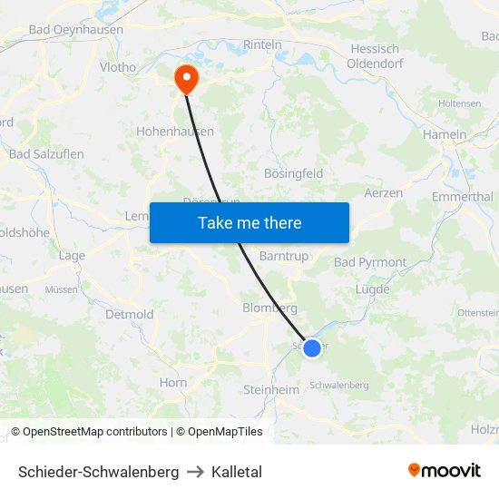 Schieder-Schwalenberg to Kalletal map