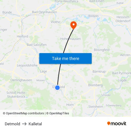 Detmold to Kalletal map