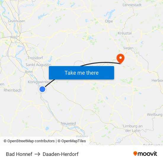 Bad Honnef to Daaden-Herdorf map