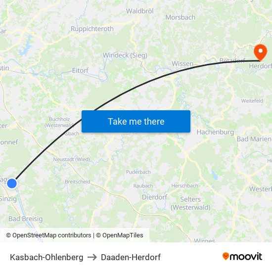 Kasbach-Ohlenberg to Daaden-Herdorf map