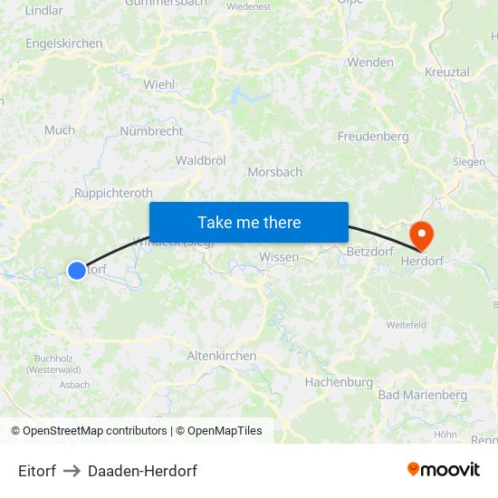 Eitorf to Daaden-Herdorf map
