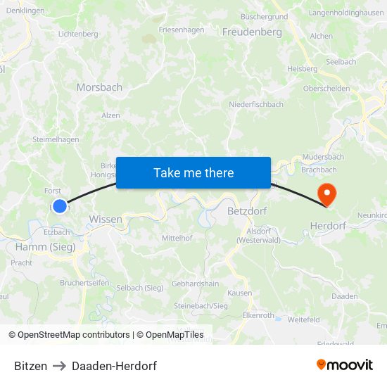 Bitzen to Daaden-Herdorf map