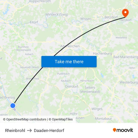 Rheinbrohl to Daaden-Herdorf map