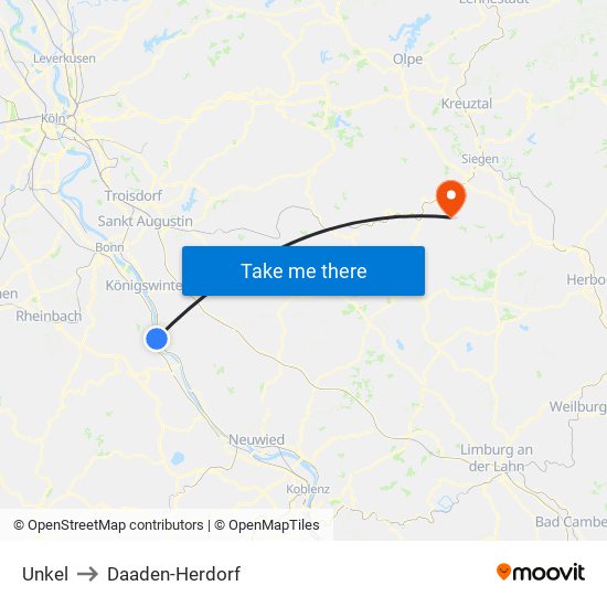 Unkel to Daaden-Herdorf map