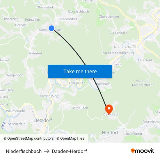 Niederfischbach to Daaden-Herdorf map