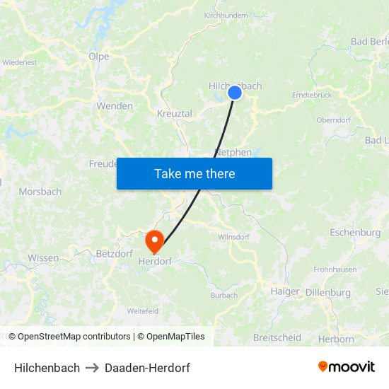 Hilchenbach to Daaden-Herdorf map