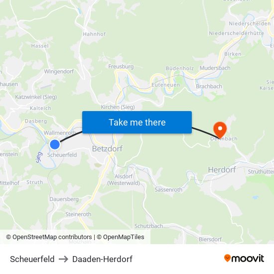 Scheuerfeld to Daaden-Herdorf map