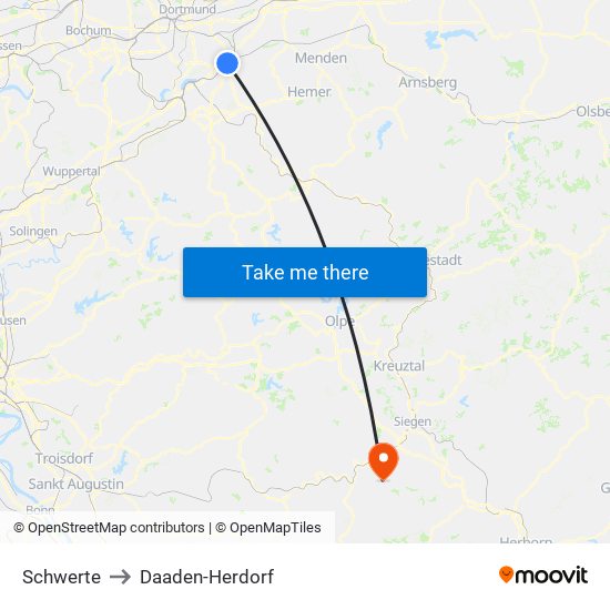 Schwerte to Daaden-Herdorf map