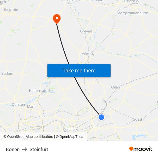 Bönen to Steinfurt map