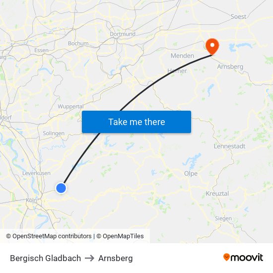 Bergisch Gladbach to Arnsberg map