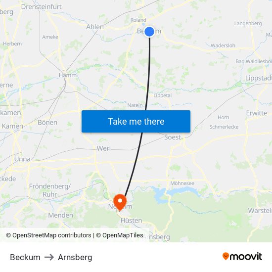 Beckum to Arnsberg map