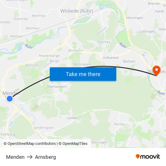 Menden to Arnsberg map