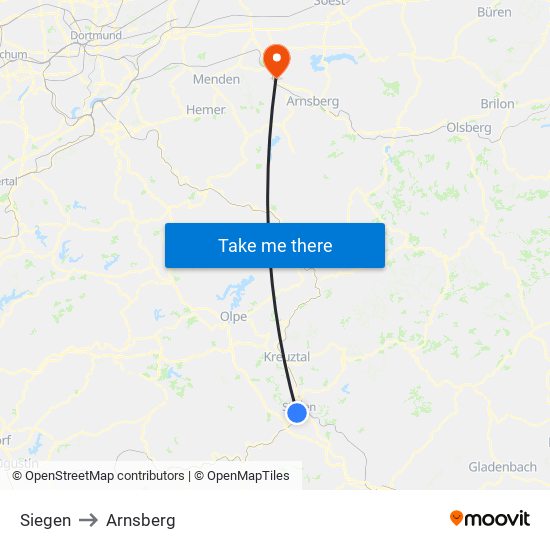 Siegen to Arnsberg map
