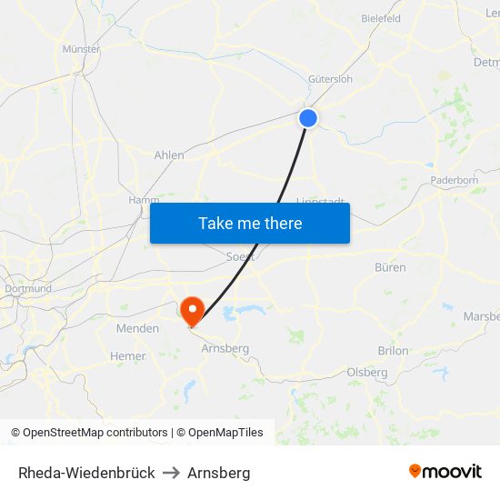 Rheda-Wiedenbrück to Arnsberg map