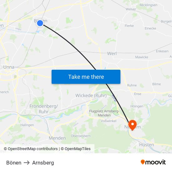 Bönen to Arnsberg map