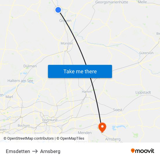 Emsdetten to Arnsberg map