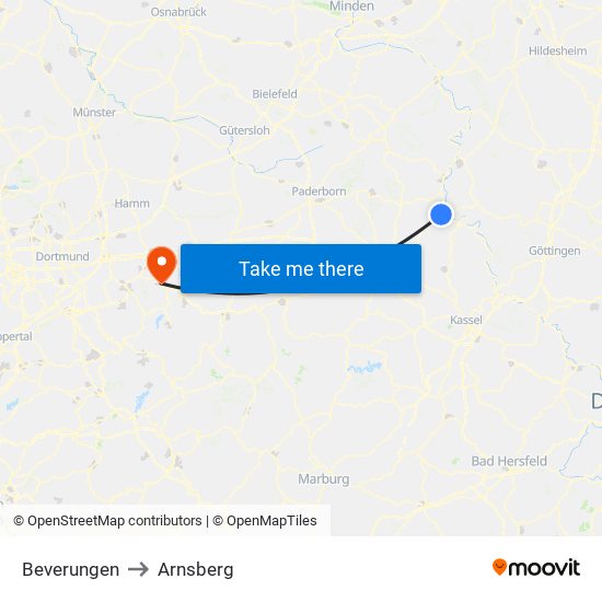 Beverungen to Arnsberg map