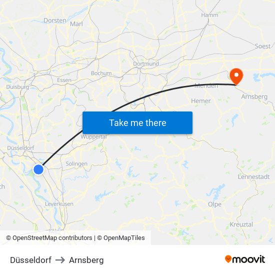 Düsseldorf to Arnsberg map