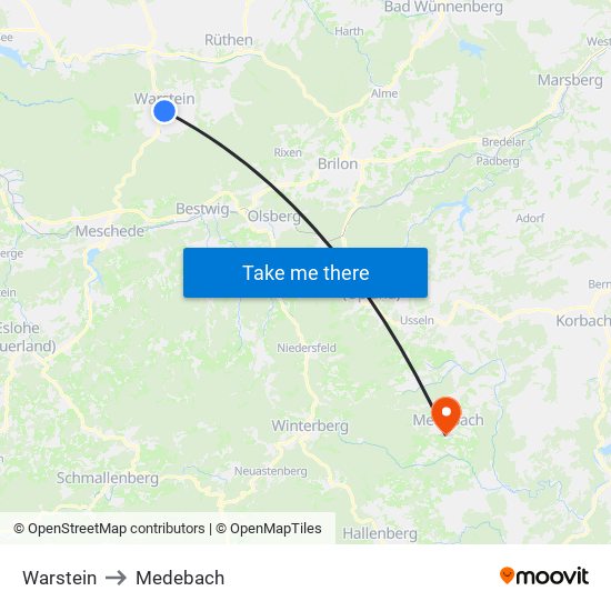 Warstein to Medebach map