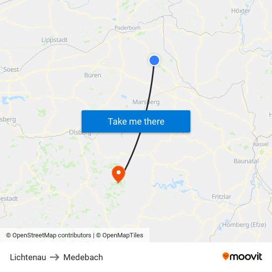 Lichtenau to Medebach map