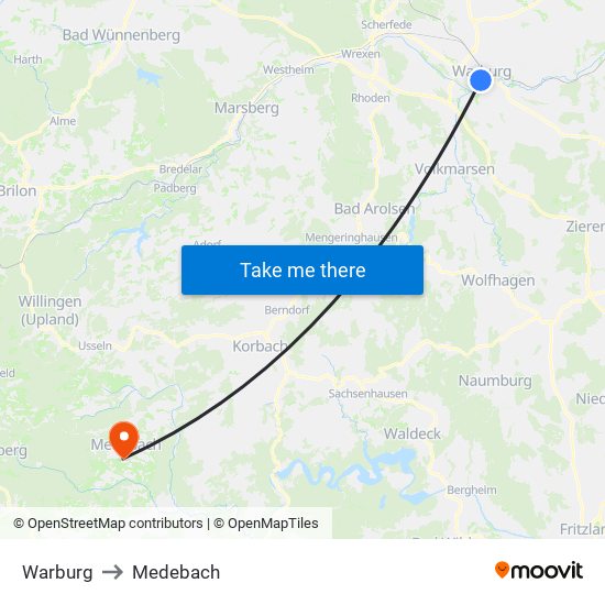 Warburg to Medebach map