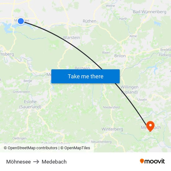 Möhnesee to Medebach map