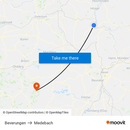 Beverungen to Medebach map