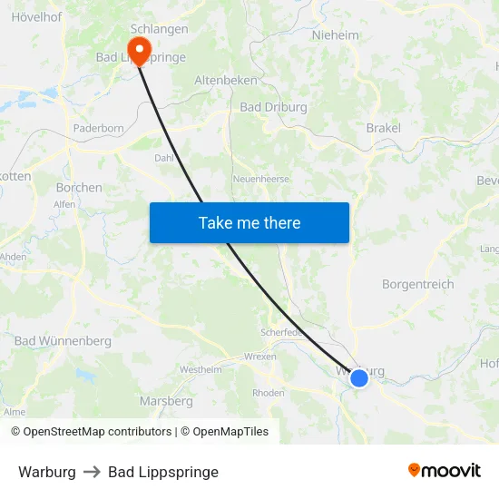 Warburg to Bad Lippspringe map