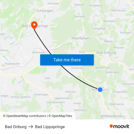 Bad Driburg to Bad Lippspringe map