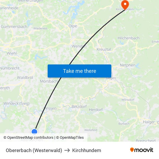 Obererbach (Westerwald) to Kirchhundem map