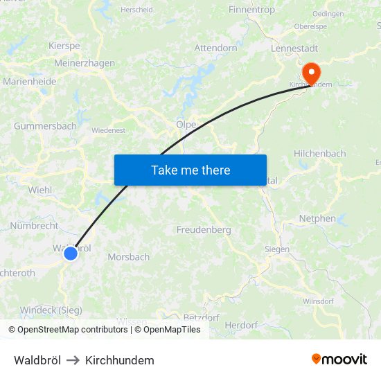 Waldbröl to Kirchhundem map