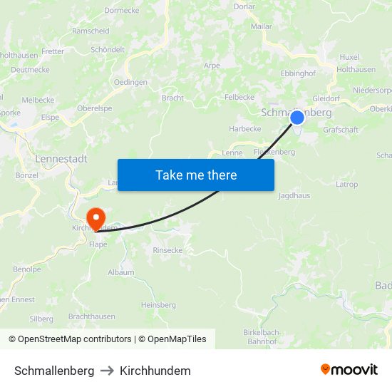 Schmallenberg to Kirchhundem map