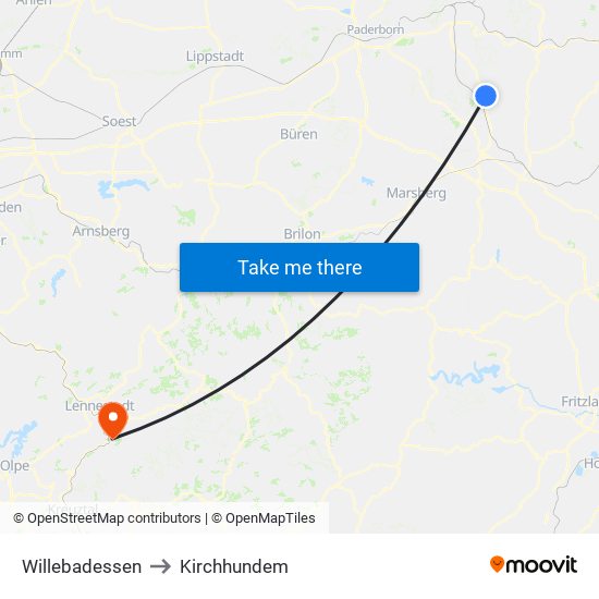 Willebadessen to Kirchhundem map
