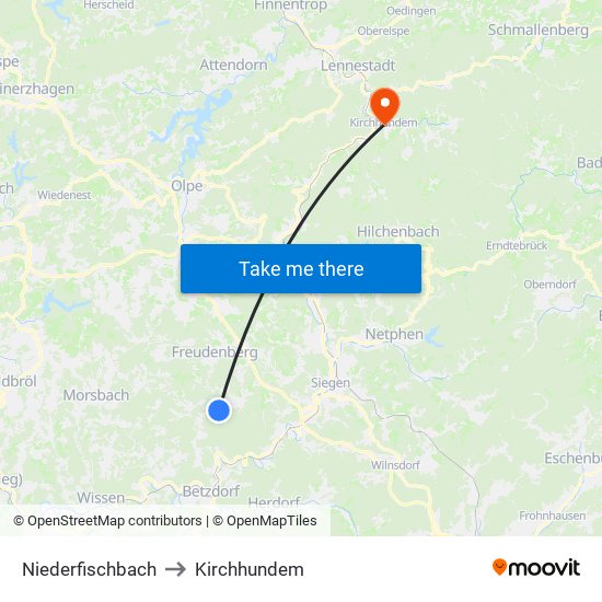 Niederfischbach to Kirchhundem map