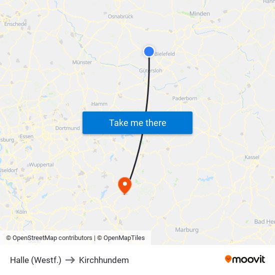 Halle (Westf.) to Kirchhundem map