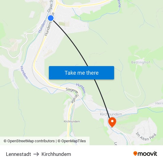 Lennestadt to Kirchhundem map