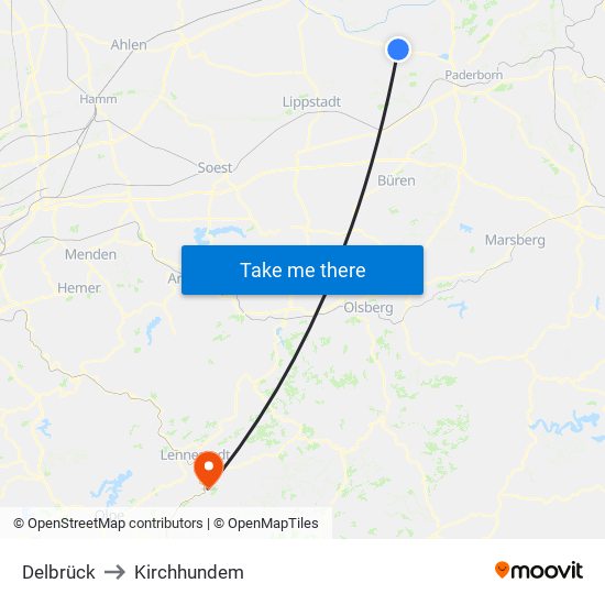 Delbrück to Kirchhundem map