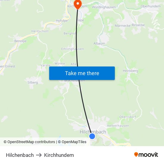 Hilchenbach to Kirchhundem map