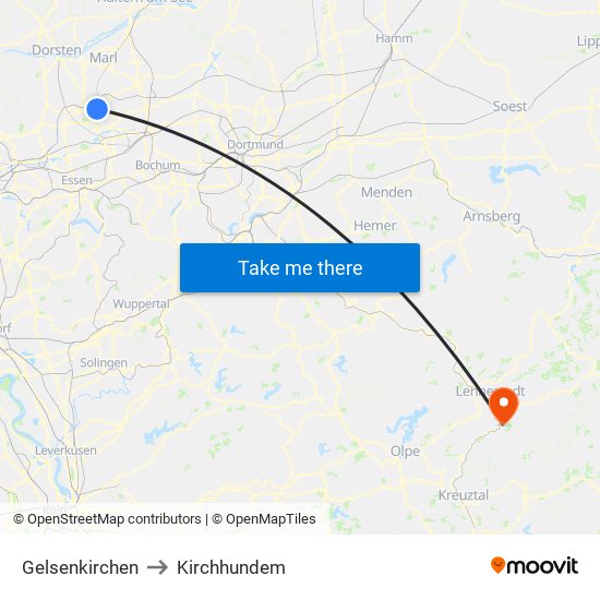 Gelsenkirchen to Kirchhundem map