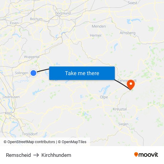 Remscheid to Kirchhundem map