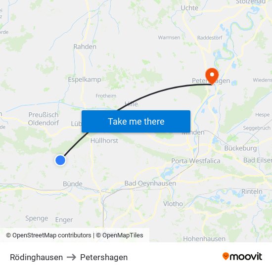 Rödinghausen to Petershagen map