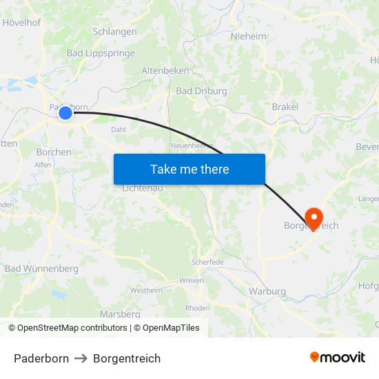 Paderborn to Borgentreich map