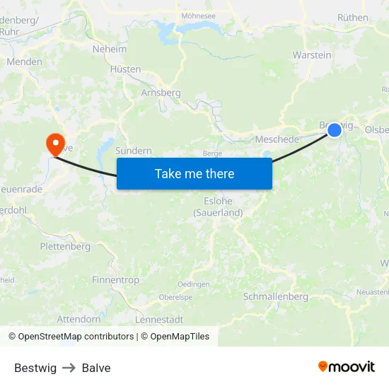 Bestwig to Balve map