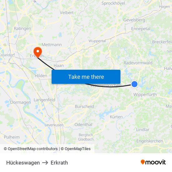 Hückeswagen to Erkrath map