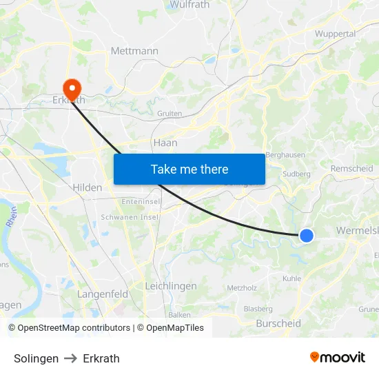 Solingen to Erkrath map