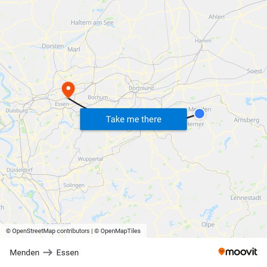 Menden to Essen map
