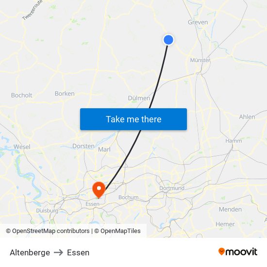 Altenberge to Essen map