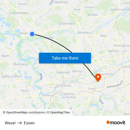 Wesel to Essen map