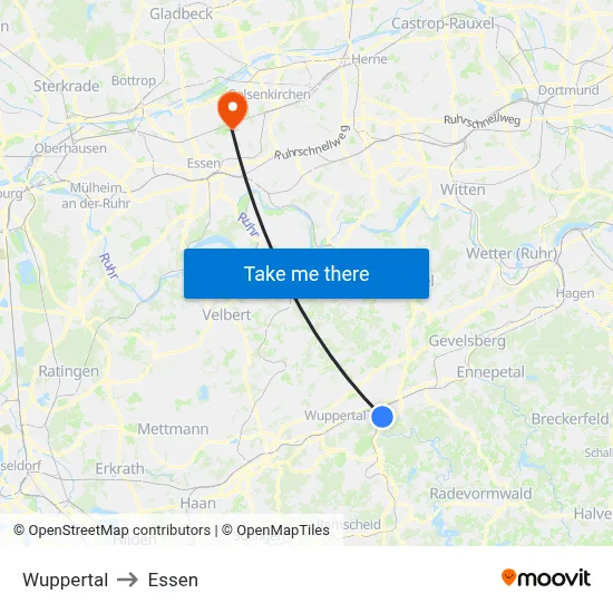 Wuppertal to Essen map