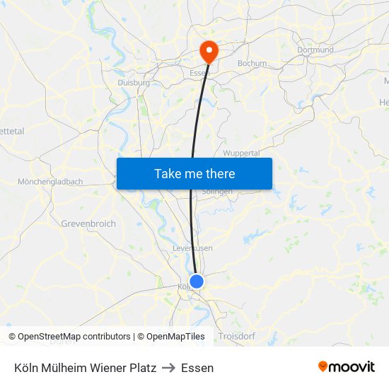 Köln Mülheim Wiener Platz to Essen map